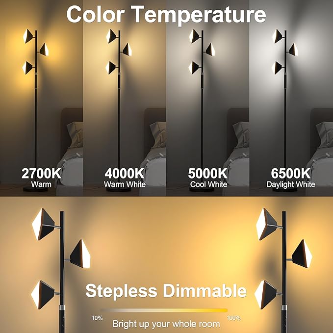 PARTPHONER RGB Tree Floor Lamp for Living Room, Stepless Dimmable Tall Standing Lamp with Remote, Touch Control and 3 Rotatable Light, Bright LED Lights for Bedroom with 4 Color-Changing, Black - Bloomnest
