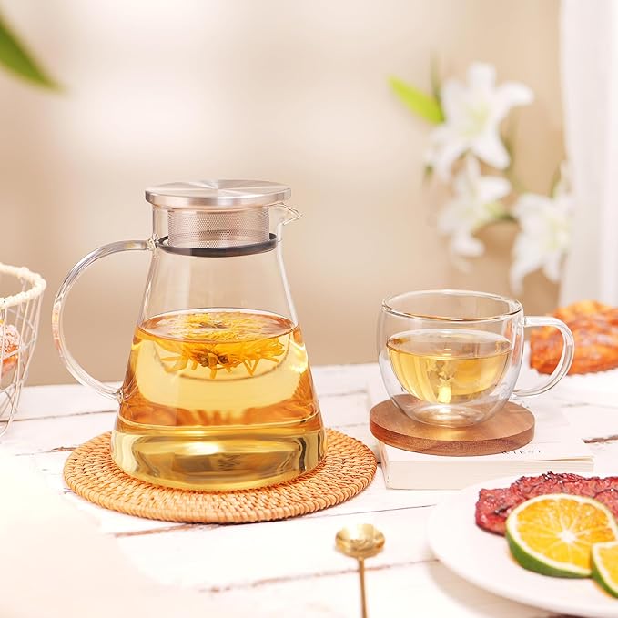 CNGLASS 40oz/1200ml Glass Teapot Stovetop Safe,One-Touch Clear Tea Kettle,Blooming and Loose Leaf Tea Maker