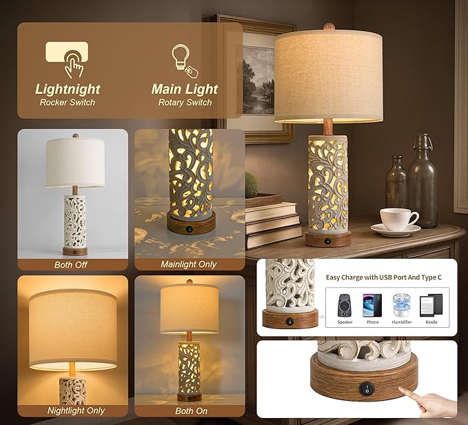 OYEARS 22'' Table Lamp Set of 2 for Living Room,Farmhouse Lamp for for Bedroom,Vintage Retro Bedside Lamps with USB Ports Linen Shade for Home Office (Brown, Bulb Included) - Bloomnest