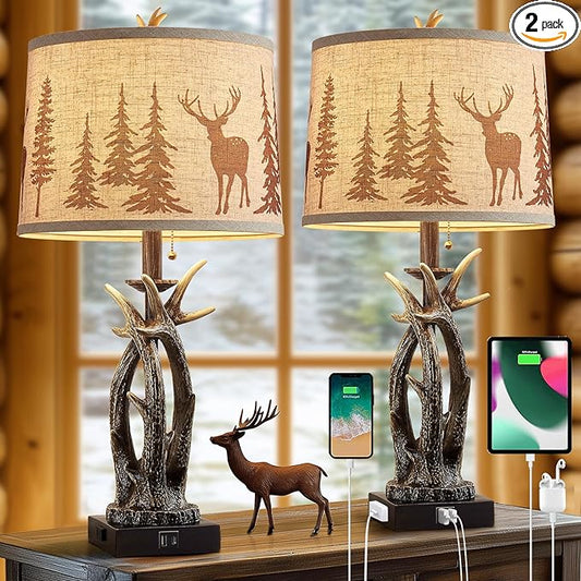 Farmhouse Deer Antler Table Lamps Set of 2 Rustic Western Bedside Lamp with USB A+C & Outlet for Log Cabin Bedroom Hunting Themed Livig Room End Table Cottage Home Decor,Deer Print Linen Fabric Shade - Bloomnest
