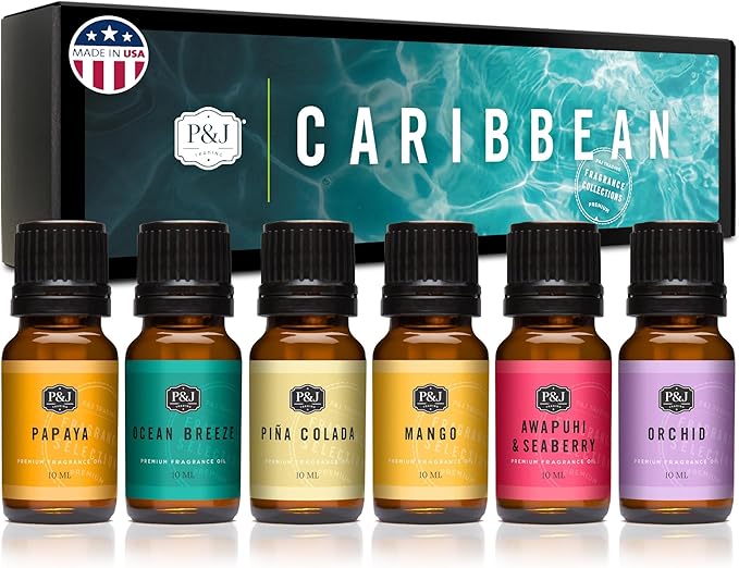 P&J Trading Fragrance Oil Caribbean Set | Pina Colada, Awapuhi Seaberry, Papaya, Mango, Ocean Breeze, Orchid Candle Scents for Candle Making, Freshie Scent, Soap Making Supplies, Diffuser Oil Scents PJTrading
