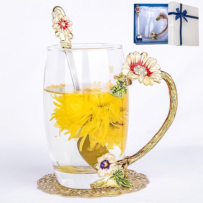 Flower Tea Cup,Butterfly Daisy Glass Fancy Coffee Mug with Spoon,Gift Box for Her Mom Wife Grandma Girls Friends Valentines Christmas Birthday Present Idea for Juice,Hot/Cold Drinks Use (purple) - Bloomnest