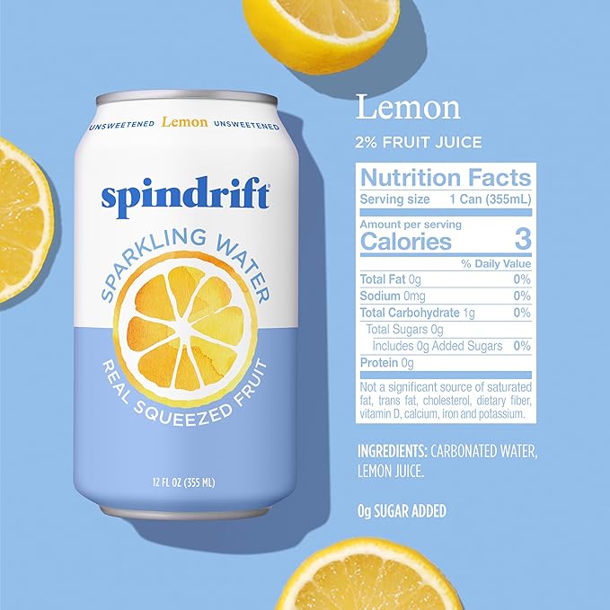 Spindrift Sparkling Water, Lemon Flavored, Made with Real Squeezed Fruit, 12 Fl Oz Cans, Pack of 24 (Only 3 Calories per Can) - Bloomnest