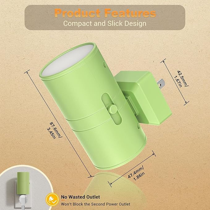 JandCase Night Lights Plug into Wall, Dimmable Night Light Plug in with Green Shade, Modern Night Lights with Dusk to Dawn Sensor, Soft White 3000K, 0-100LM Nightlight for Hallway Bedroom, 2 Pack - Bloomnest