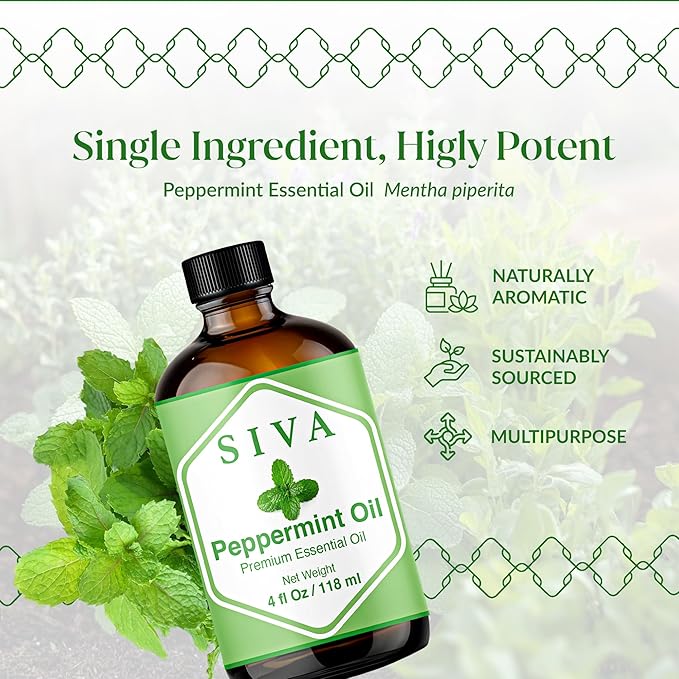 Siva Peppermint Essential Oil - 4 Fl Oz – 100% Natural Peppermint Oil - for Diffuser, Face, Skin Care, Aromatherapy, Hair Care, Scalp and Body Massage - with Dropper - Bloomnest