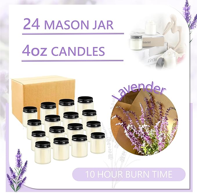 ACITHGL 24 Pcs 4oz Mini Mason Jar Candles Small Lavender Scented Candles Bulk Aromatherapy Ideal Souvenir Favors for Wedding Birthday Party (Black, 24) - Bloomnest