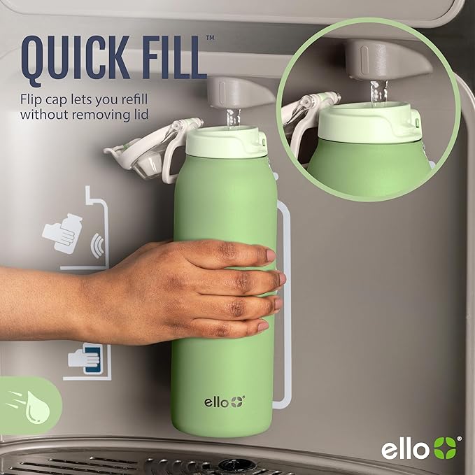 Ello Pop & Fill Insulated Stainless Steel Water Bottle with Quick Fill Lid, Leakproof Locking, Sip or Chug Spout, BPA-Free, Double Wall Vacuum Insulated for Sports, Travel & School- 22oz / 32oz / 40oz Ello