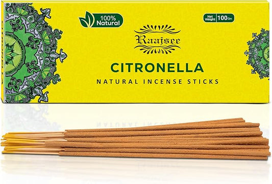 Raajsee Citronella Incense Sticks 100 gm Pack-100% Pure Organic Natural Hand Rolled Free from Chemicals-Perfect for Church,Aromatherapy,Relaxation,Meditation,Positivity & Sensual Therapy RAAJSEE