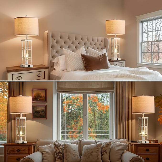 Table Lamp for Living Room Set of 2 with USB C+A & Bulbs, 3-Way Dimmable 27.6" Farmhouse End Lamps, Rustic Bedside Lamp for End Tables, Industrial Nightstand Lamps for Bedroom - Bloomnest