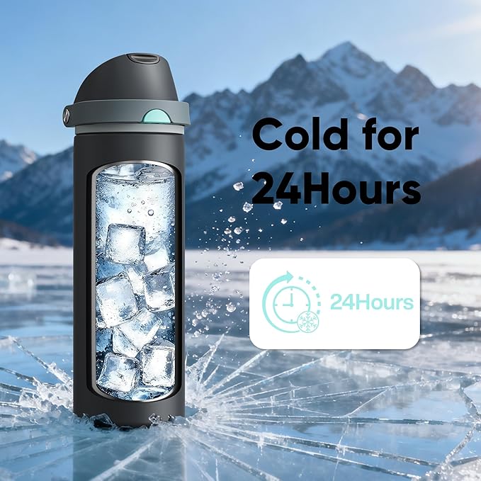 Insulated Water Bottle with Straw - Encool Stainless Steel Water Bottle with Push Button Lid, Leak-Proof & BPA-Free, Keeps Cold for 24 Hours for Sports, Travel, Gym (32 oz, Tuna Grey-Green) ENCOOL
