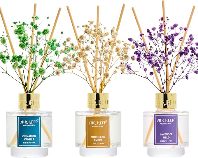 Airkeep Reed Diffuser Set of 3, Cinnamon Vanilla Lavender Field Moroccan Amber Oil Reed Diffusers for Bedroom Living Room Office Aromatherapy Oil Reed Diffuser for Gift 50ml x 3 - Bloomnest