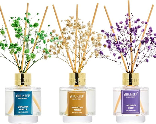 Airkeep Reed Diffuser Set of 3, Cinnamon Vanilla Lavender Field Moroccan Amber Oil Reed Diffusers for Bedroom Living Room Office Aromatherapy Oil Reed Diffuser for Gift 50ml x 3 - Bloomnest
