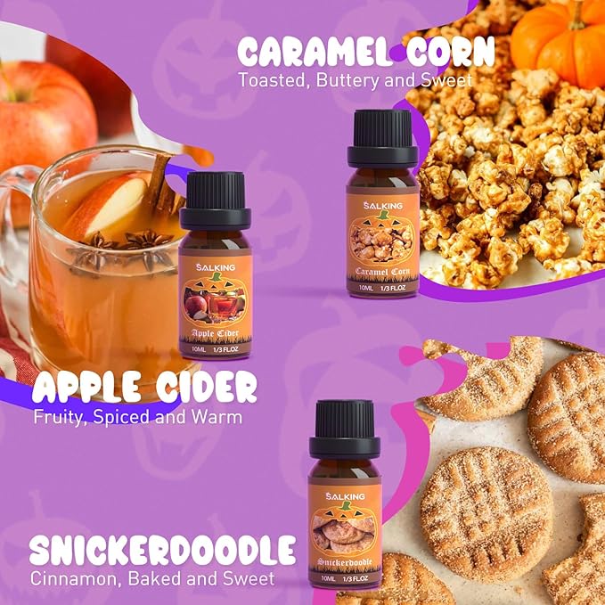 SALKING Halloween Fragrance Oils, Premium Essential Oils for Diffuser, Scented Oils Gift Set for Soap Candle Making - Pumpkin Pie,Caramel Apples,Candy Corn, Snickerdoodle, Caramel Corn, Apple Cider - Bloomnest
