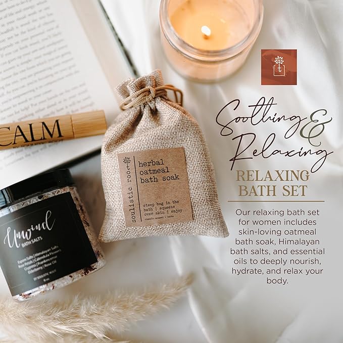 SOULISTIC ROOT Revitalizing Bath Gift - Premium Self-Care Bath & Body Set with Lavender Oatmeal Soak, Tranquil Essential Oil Roller, Epsom Salt Soak, Home Spa Kit, Valentine's Day Ready-to-Gift Box - Bloomnest