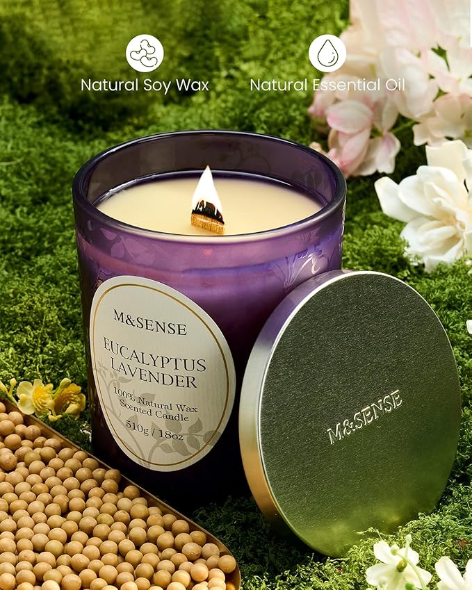 M&SENSE Eucalyptus Lavender Scented Candle, Cracking Wooden Wick Soy Wax, 18oz 100 Hours Long Lasting Clean Burn, Large Jar Candles for Home Decor, Non-Toxic Relaxing Aromatherapy Gifts for Women - Bloomnest