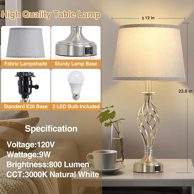 Nightstand Table Lamps for Bedrooms Set of 2 with USB C+A, Bedside Lamps with Spiral Cage Base, Tall Living Room Lamps for End Tables, Modern Night Stand Lamps for Bed Side Guest Room Bulbs Included - Bloomnest