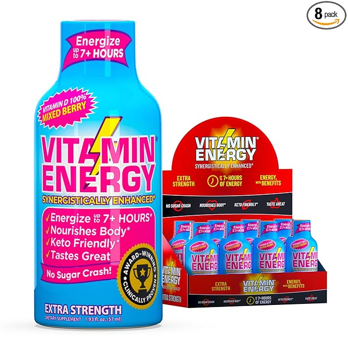 Vitamin Energy Vitamin D Extra Strength Energy Shot Mixed Berry 8 Pack, 260mg Natural Caffeine, B-Complex, Vitamin D, Wellness Support, Keto, Zero Sugar, Gluten-Free Vegan Kosher, 1.93 fl oz - Bloomnest