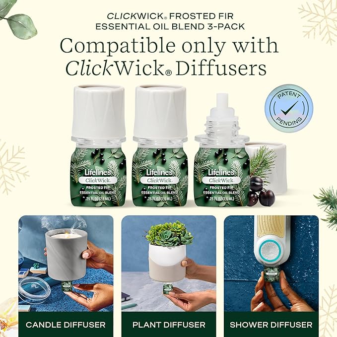 Lifelines ClickWick Essential Oil Blends for Lifelines Diffusers, 3-Pack Frosted Fir Set – Essential Oil Blend Refill for Candle, Plant & Shower Aromatherapy Diffuser – Fragrance for Diffusers - Bloomnest