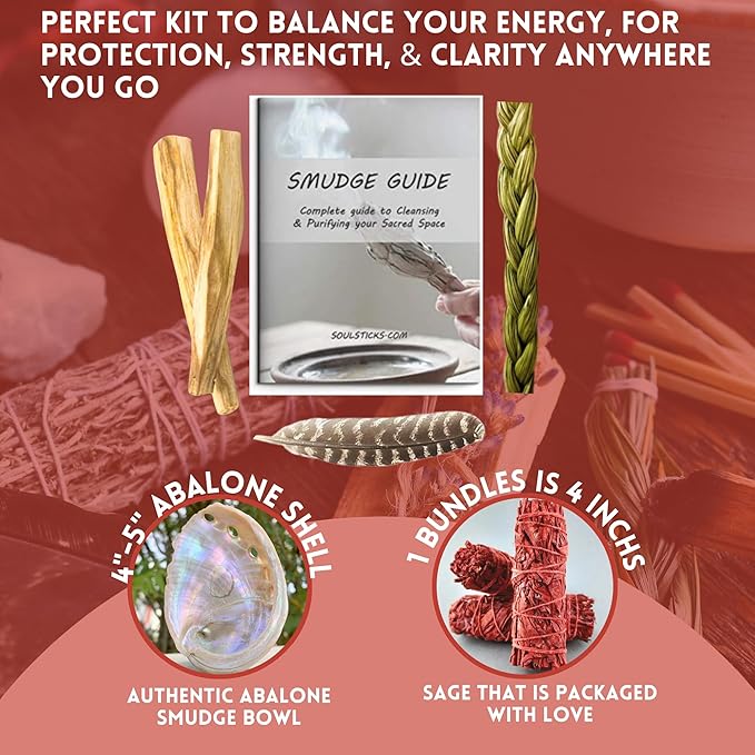 Ancient VEDA Organic Smudge Kit – Dragon's Blood, Palo Santo, Sweetgrass, Abalone Shell, Feather & Smudge Guide | Smudging Kit for Home Energy Cleansing, Meditation (Healer's Kit, Dragon's Blood Sage) AncientVeda