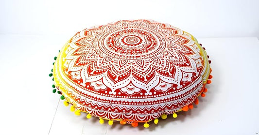 CRAFT KALA 32" Large Round Bohemian Floor Pillow Pouf Cover Mandala Meditation Room Pillow Cover for Adults Boho Seating Poufs Cushion Cover for Kids Playroom Yellow Orange Ombre - Bloomnest