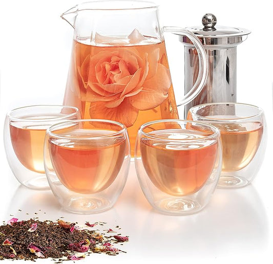 Mixpresso 5 Piece Glass Tea Pot Set, Kettle with Removable Infuser, Clear Glass Teapot 33oz With 4 Double Wall Cups 2.7oz Stovetop Safe Teapot For Loose Leaf Tea, Perfct As Tea Gift Sets. - Bloomnest