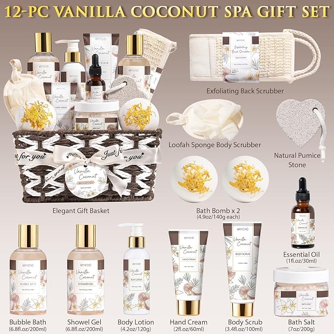 Birthday Gifts for Women, Vanilla Coconut Relaxing Spa Gift Baskets for Women Self Care Package Bath Gift Set, Home Bath and Body Kit Pamper Valentines Day Gifts for Her Womens Mom Friends Sister Wife - Bloomnest
