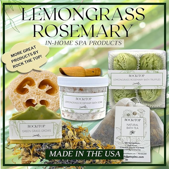 | 6 Lemongrass Rosemary Self Care Gifts for Women, Aromatherapy Epsom Salt Bath Soak, Lavender Soap, Bath Bombs, Bath Salts with Plant Based Loofa Dry Brushing Body Brush Gift - Bloomnest