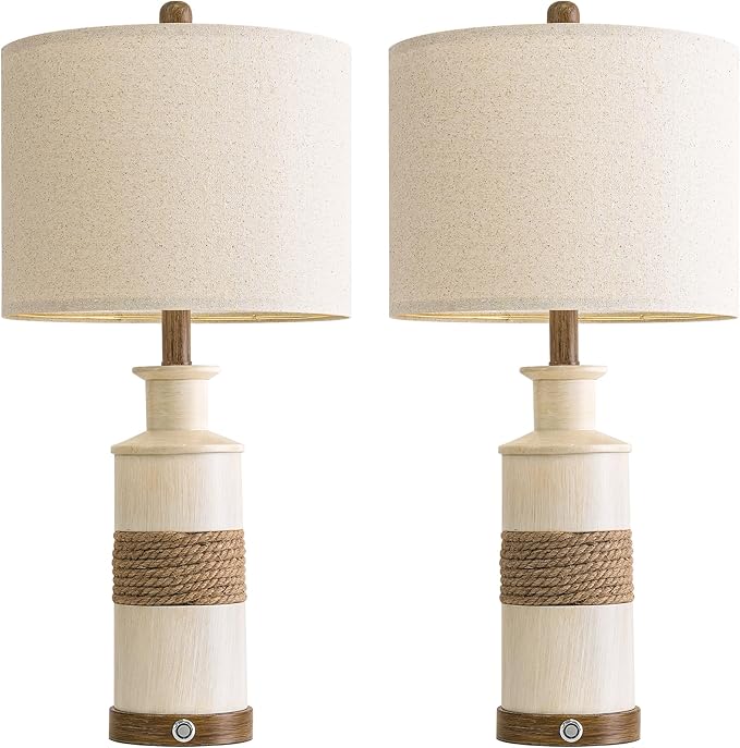 BOBOMOMO 24.5" Farmhouse Boho Table Lamps Set of 2, Hand-Woven Rattan Bedside Lamps with 3-Way Dimmable Touch Control & USB A+C Ports, Nightstand Lamp for Bedroom, Living Room, Corner (Bulbs Included) - Bloomnest