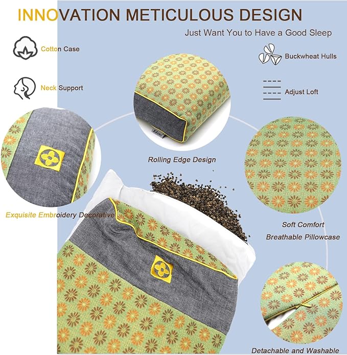 Buckwheat Neck Pillow Medium Firm, Buckwheat Hull Flat Pillows for Sleeping, Adjustable Hard Pillows for Back Side Sleeper Neck Support (18x10 Inch, LemonYellow)