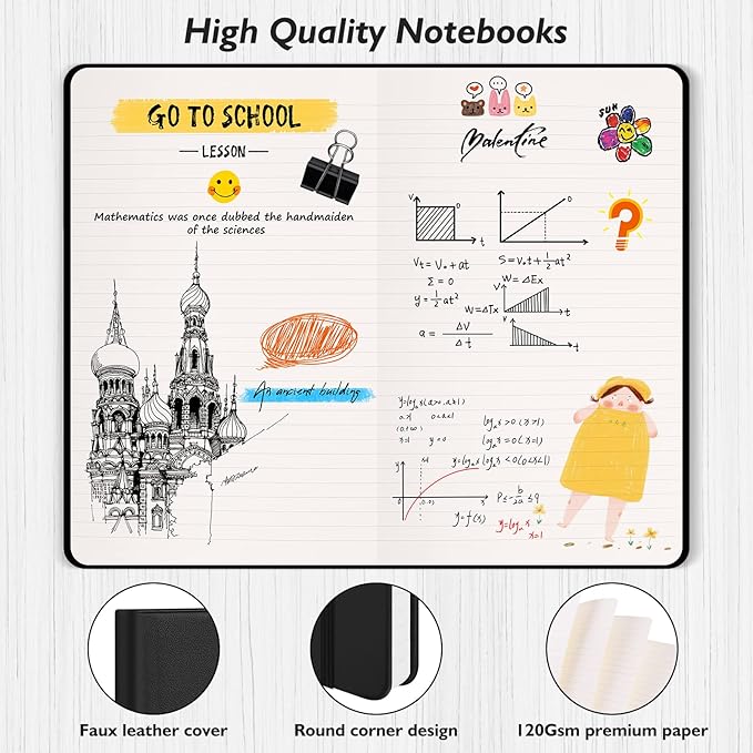 Huhuhero Lined Notebook Journal, 120Gsm Thick Paper College Ruled Journal, Hardcover Notebooks for Work School Note Taking, Office School Supplies 5"×8.25" (3, Black) - Bloomnest