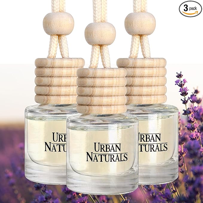 Urban Naturals Car Air Freshener Diffuser 3 Pack - Lavender Luxe Scent, 45+ Days Long Lasting Fragrance, Made in USA, Glass & Wood, Hanging Design + Vent Cip, Easy to Use - Bloomnest