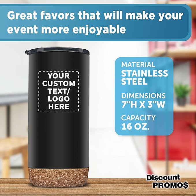 DISCOUNT PROMOS Custom Tumblers Cork Bottom 16 oz Set of 10/50/100 Personalized Bulk Pack Double Wall Insulated Matte Finish Iced Coffee Soda - Black - Bloomnest