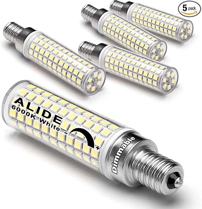 ALIDE E12 100W Dimmable Replacement LED Candelabra Bulbs C7,6000K Daylight Bright Cool White,1000 Lumen T6 E12 10W LED Chandelier Light Bulbs for Ceiling Fan Pendant Lighting Salt Lamp,5 Pack - Bloomnest
