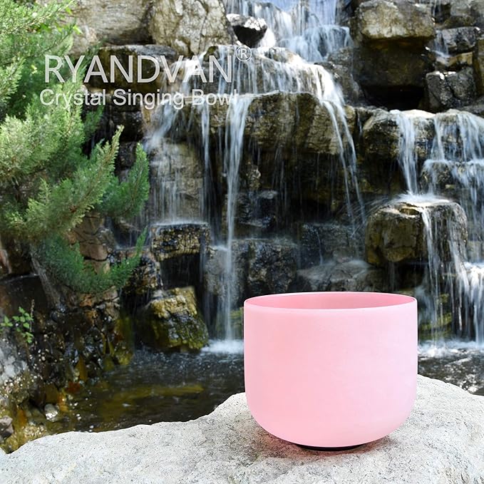 RYAN DVAN 8” F Note Pink Frosted Heart Chakra Crystal Singing Bowl with Free Heavy-Duty Carrying Case and Suede Striker O-Ring - Bloomnest
