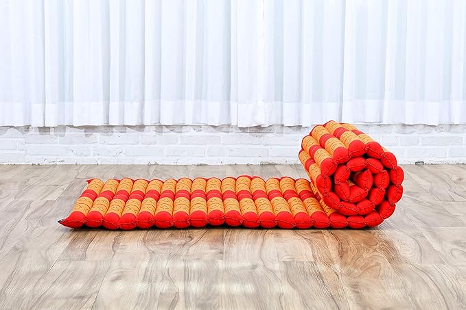 Leewadee - Foldable Floor Mattress - Japanese Roll Up Futon -Trifold Tatami Mat- Guest Floor Bed - Camping Mattress - Thai Massage Mat, Kapok Filled, 75 x 28 inches, Orange Red - Bloomnest