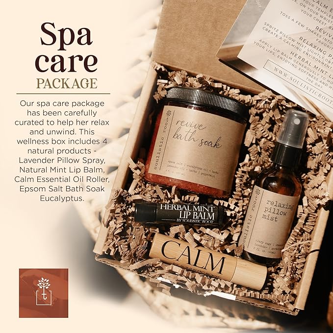 SOULISTIC ROOT Self-Care Set - Luxury Spa Bath Kit, Pillow Mist, Cooling Lip Balm, Tranquil Essential Oil Roller & Epsom Salt Bath Soak Pampering Package, Valentine's Day Holistic Gifts for Him & Her - Bloomnest