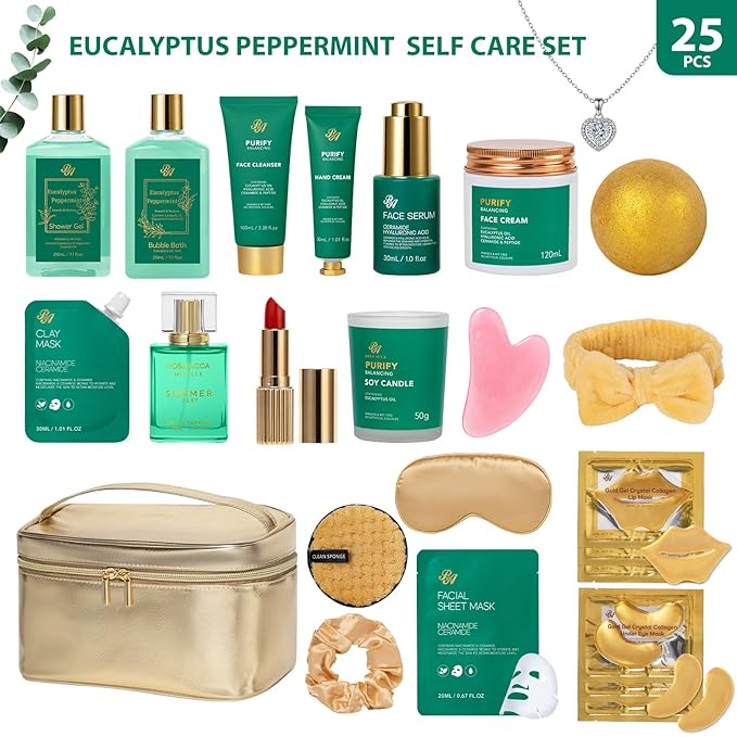 25 Pcs Valentines Day Gifts for Women, Eucalyptus Bath & Body Gift Set, Hydrating Skin Care Set, Spa & Self Care Gift, Cosmetic Bag, Necklace, Christmas, Birthday, Mother's Day - Bloomnest