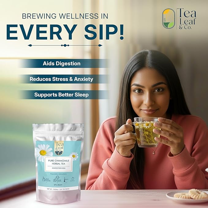 Tealeaf & Co. Pure Chamomile Herbal Tea - Organic Chamomile Tea Bags Blended with Fresh Herbs - Contains Low Caffeine - Gluten Free - 100 Teabags (7.055oz/200gm) - Bloomnest