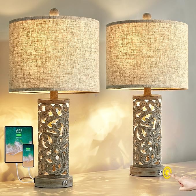 OYEARS 3-Way Dimmable 22'' USB A+C Touch Control Table Lamp Set of 2 with Nightlight for Living Room Bedroom Farmhouse Bedside Nightstand Lamps (Bulb Included) - Bloomnest