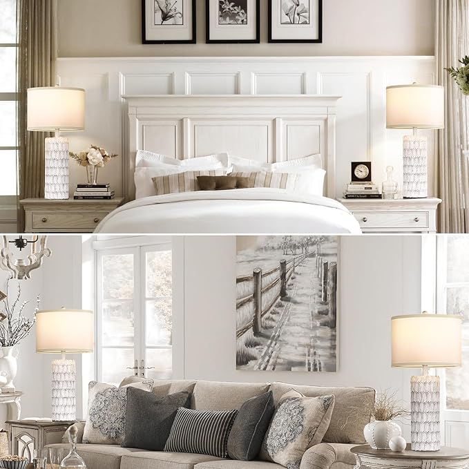 26" Farmhouse Table Lamps for Living Room Set of 2, Antique Traditional End Table Lamps for Bedroom Night Stand, White Shade Rustic Bedside Lamps with Grey-White Resin Body, Bulbs Included - Bloomnest