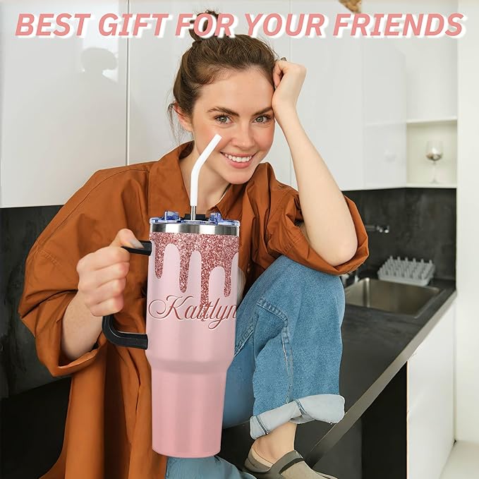 Personalized Glitter Tumbler with Handle and Straw Lid, Custom 40 Oz Cup with Name for Women, Customized Stainless Steel Travel Coffee Tumbler, Personalized Gifts for Birthday Christmas Anniversary - Bloomnest