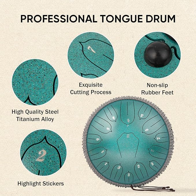 Steel Tongue Drum 12 Inch 15 Notes: Handpan Drums Set with Music Book Mallets Carry Bag - Hand Pan Instrument for Adults Musical Education Meditation Yoga Chakra (Green)