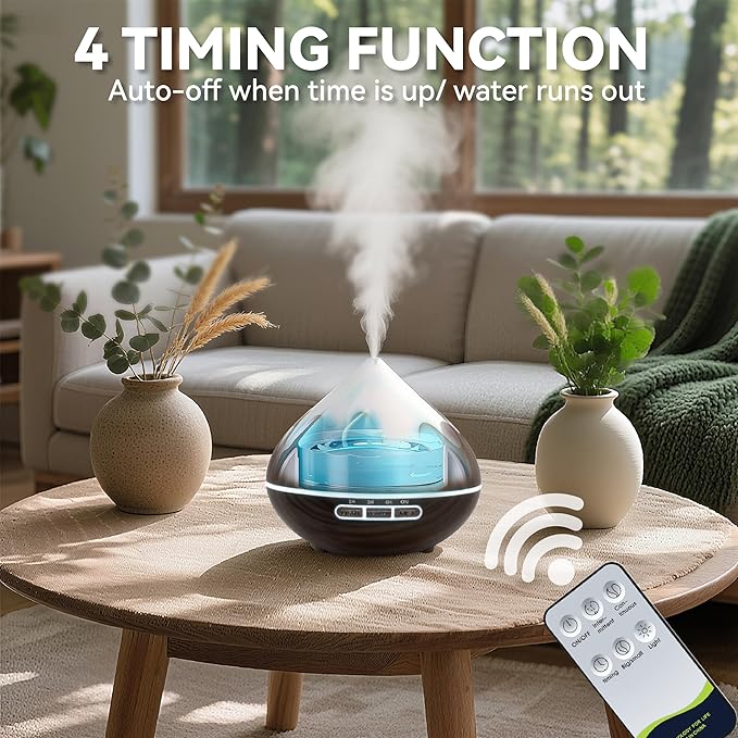 500ML Essential Oil Diffuser, Aromatherapy Diffuser with Remote Control, Multifunctional Air Diffusers for Home Office Room, Fragrance Aroma Diffuser with 7 Color LED & 2 Mist Mode, Dark Brown - Bloomnest