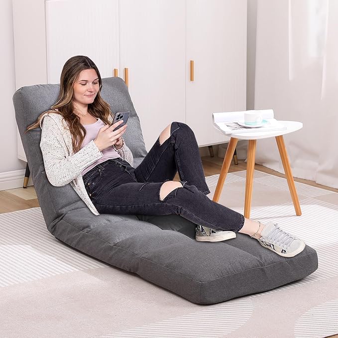 Floor Chair with Footrest Adjustable Backrest with 14 Positions Footrest 5-Position Adjustment Foldable Floor Gaming Chair for Easy Storage Linen Fabirc Chaise Lounge 086 (Grey)