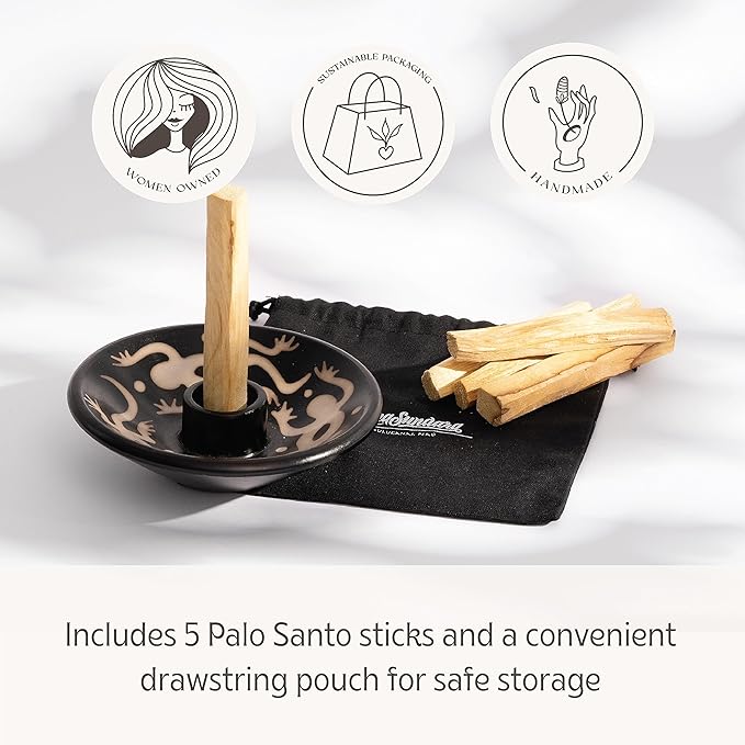 Palo Santo Holder with 5 Sticks - Luna Sundara Handmade Ceramic Incense Burner - Black & White Lizard Chulucanas Pottery from Peru - Smudge Bowl for Sage - Aromatherapy Gift Set LunaSundara