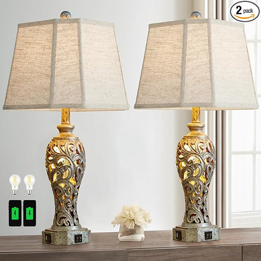Vintage Table Lamps Set of 2 for Living Room Bedroom, 2 USB Ports 25'' Rustic Farmhouse Desk Lamp with Nightlight, Iron Gray Hollow Out Resin Lamp for End Table (Bulbs Included) - Bloomnest