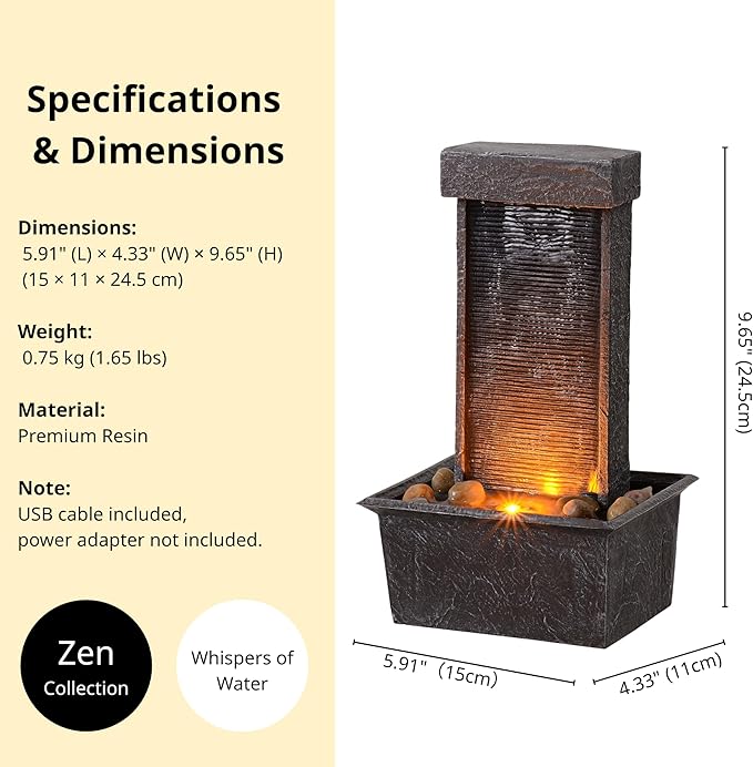 Straight Panel Tabletop Water Fountain LED-Lit – Indoor/Outdoor Decorative Waterfall Feature with Soothing Lights & Flowing Water for Home, Office, or Garden Décor - Bloomnest