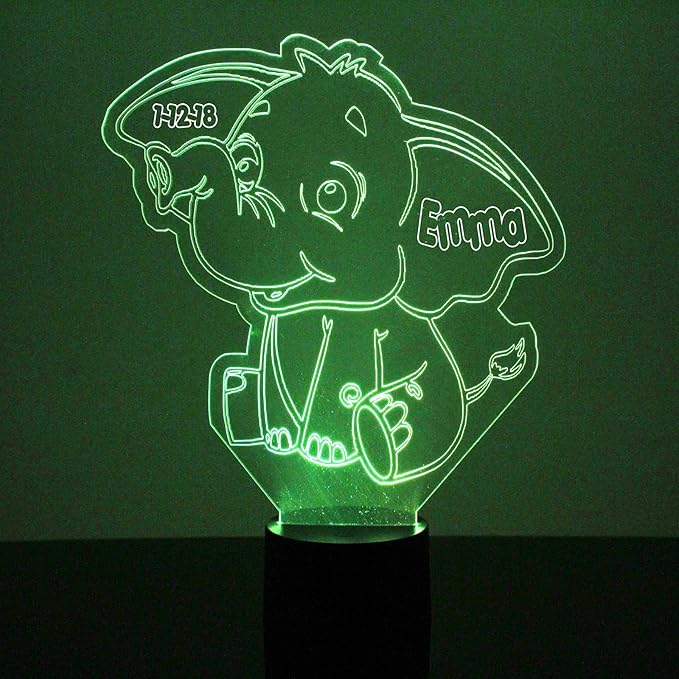 Baby Elephant Custom 3D Illusion Lamp with Remote | LED Night Light with Personalized Name, Logo, Image, Design | 4 Modes, 16 Light Colors | USB or Battery Power | Made in The USA - Bloomnest