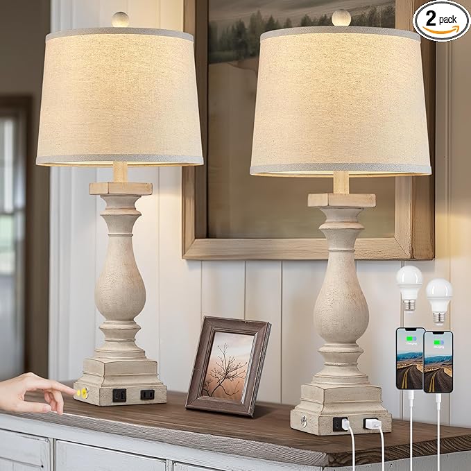 28" Tall Farmhouse Table Lamps Set of 2 with USB C+A Ports and AC Outlet, 3 Way Touch Control Rustic Bedside Lamp for Bedroom, Beige Vintage Nightstand Lamp for Living Room Office - Bloomnest