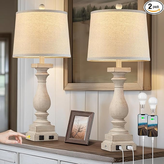 28" Tall Farmhouse Table Lamps Set of 2 with USB C+A Ports and AC Outlet, 3 Way Touch Control Rustic Bedside Lamp for Bedroom, Beige Vintage Nightstand Lamp for Living Room Office - Bloomnest